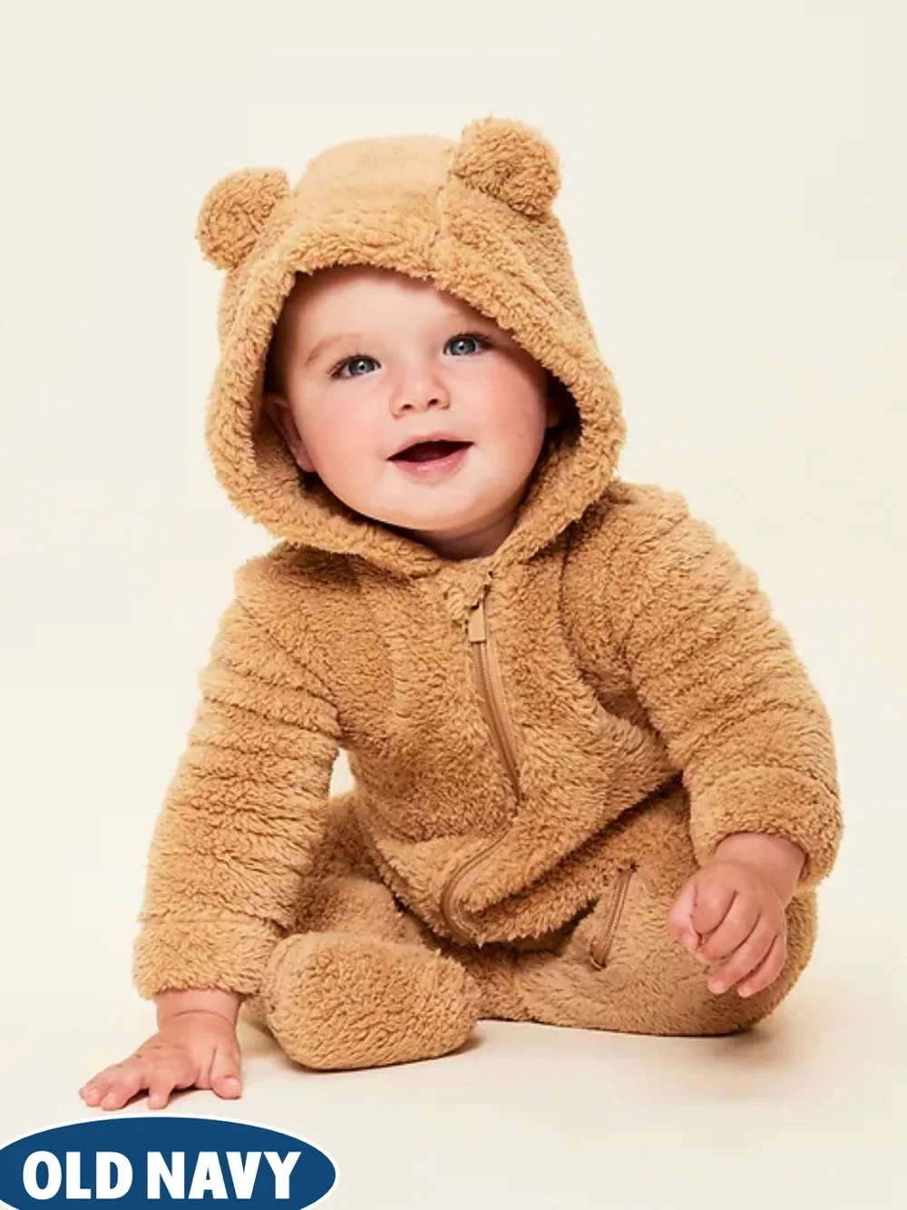 Old Navy Bear Hooded Teddy Fleece One-Piece in Camel Brown